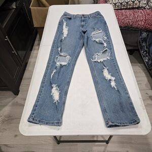 Vibrant Light Blue Distressed Straight Leg Jeans